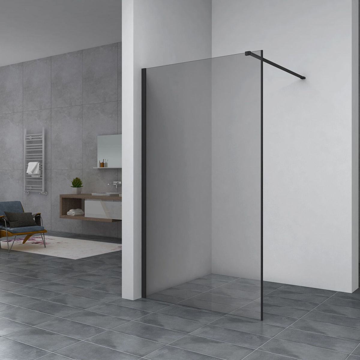 Shower-wall-in-dark-glass-and-black-alluminium-str