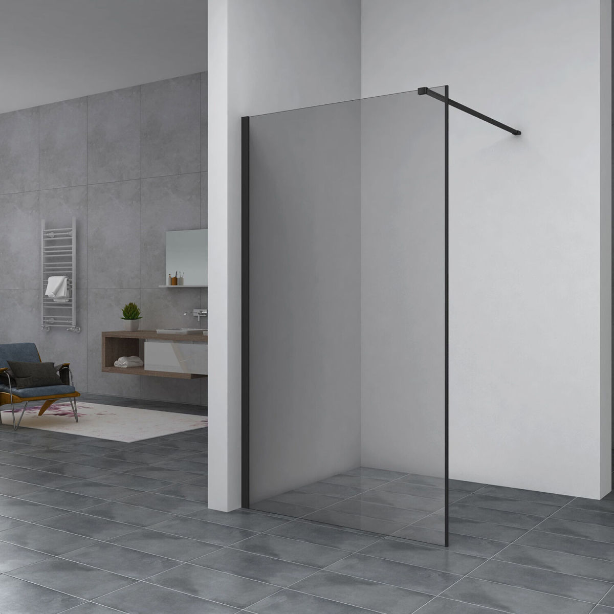 Shower-wall-in-dark-glass-and-black-alluminium-str Shower-wall-in-dark-glass-and-black-alluminium-str
