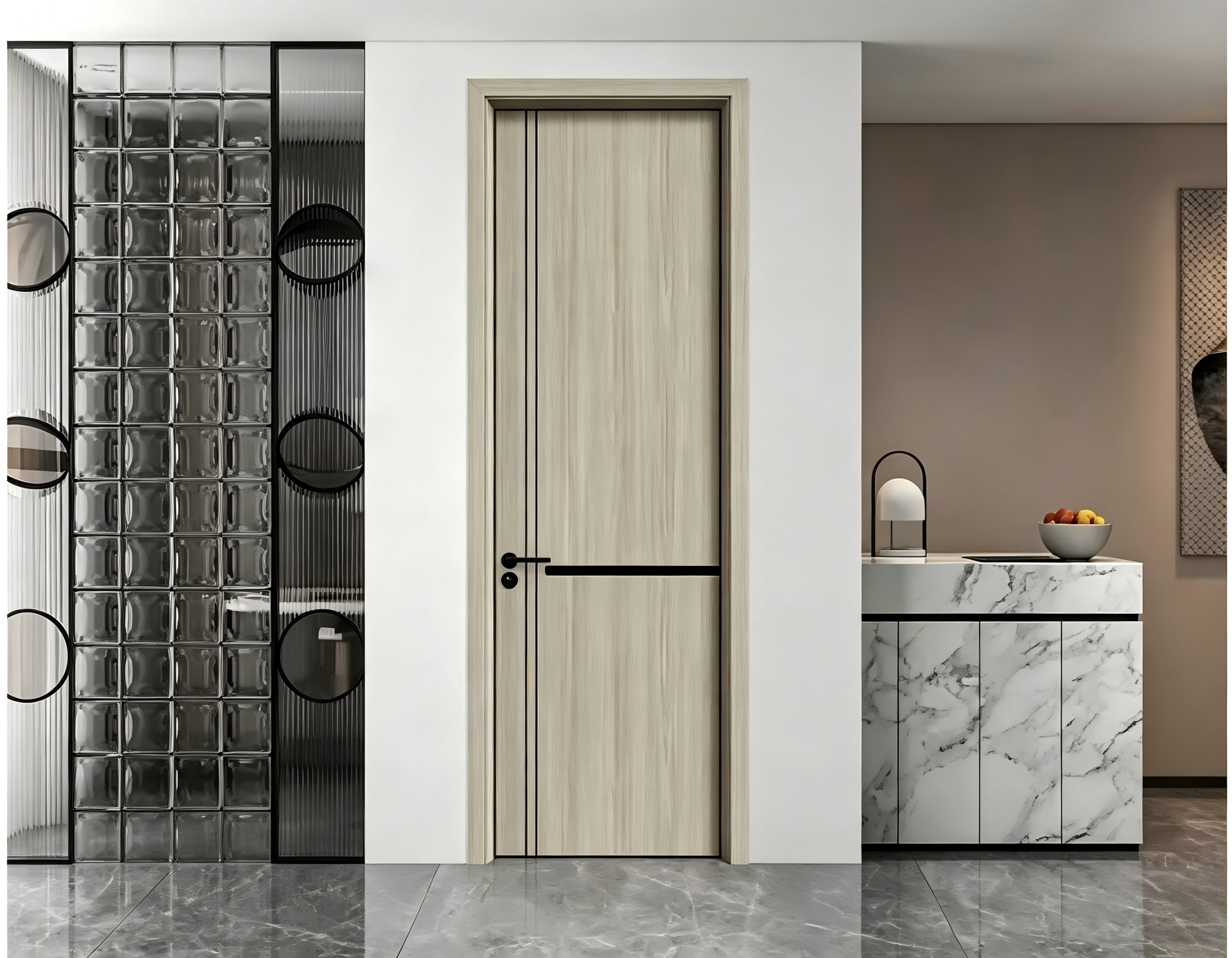 China Modern MDF PVC Interior Hotel Wooden Solid Wood Front Door with Metal Strips Inlay Design for Bedroom Meeting Room