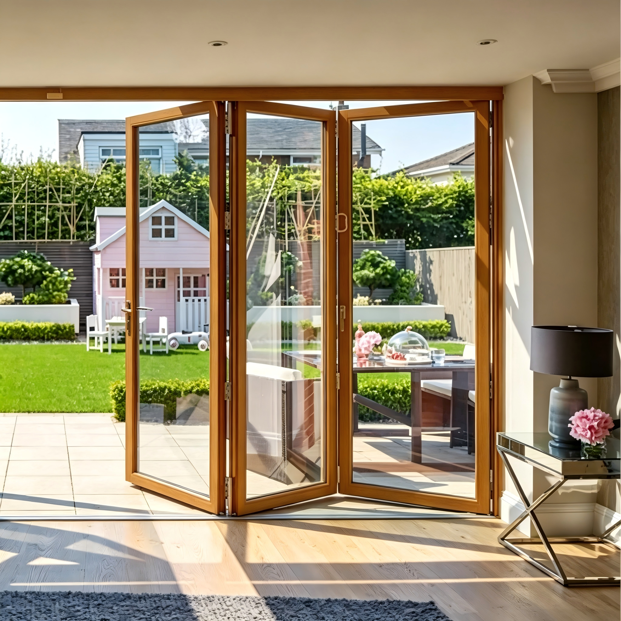 Customizable Folding Glass Door with Oversized Panels Smart Lock Option and Double Silver Low-E Glazing