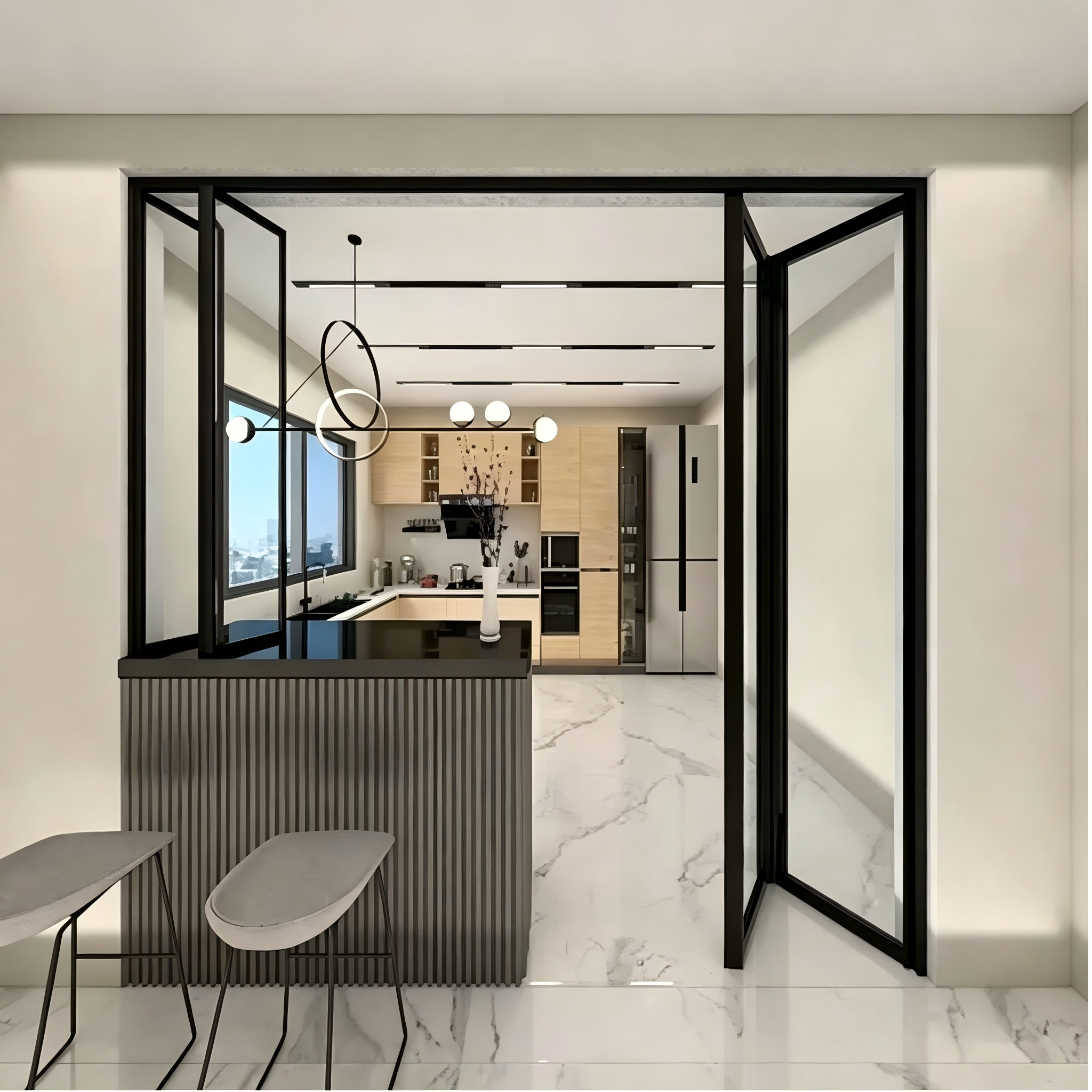 Aluminum Folding Glass Door System with Low Profile Tracks and High Efficiency Panels for Open Plan Designs