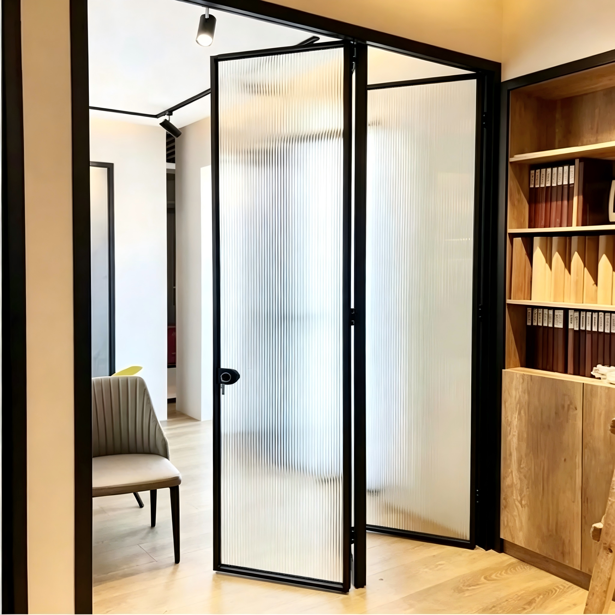 Aluminum Folding Glass Door System with Low Profile Tracks and High Efficiency Panels for Open Plan Designs