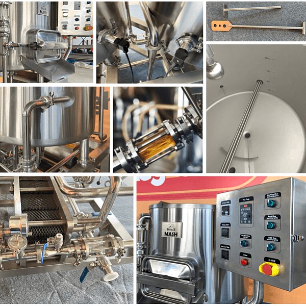 1. High precision hops filter, equipped in pipelinebefore PHE</br>2. 3㎡ single stage plate heat exchanger</br>3. Temperature Gauge after PHE</br>4. Tap water outlet from the PHE to be able backflow into Hot water tank</br>5. Oxygenation device before wort knocking out port