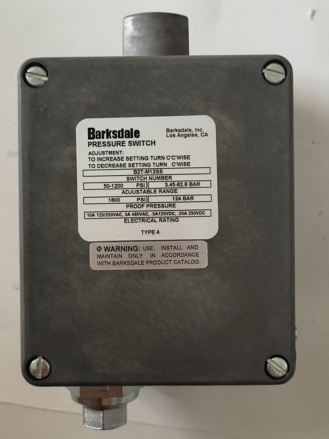 Barksdale B2T-M12SS Dual‑Setpoint Bourdon Tube Pressure Switch, 316SS, NEMA 4 New Original 1-year Warranty Barksdale B2T-M12SS Dual‑Setpoint Bourdon Tube Pressure Switch, 316SS, NEMA 4 New Original 1-year Warranty