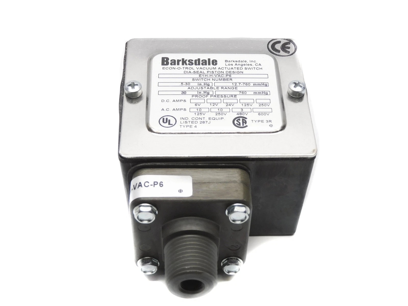 Barksdale E1H-H-VAC-P6 Vacuum Pressure Switch, 30” Hg, NEMA 4, IP65, E1H Series New Original 1-year Warranty Barksdale E1H-H-VAC-P6 Vacuum Pressure Switch, 30” Hg, NEMA 4, IP65, E1H Series New Original 1-year Warranty