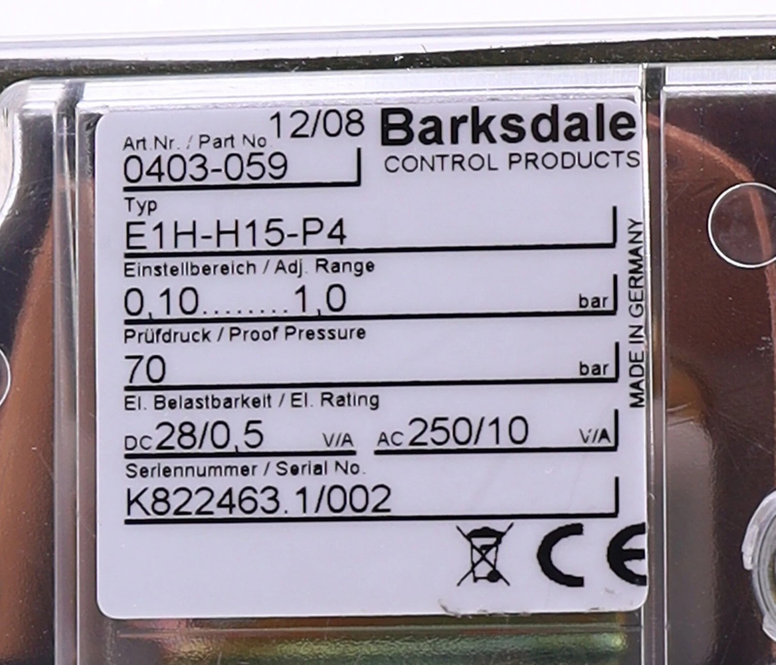 Barksdale E1H-H15-P4 (0403-059) Econ-O-Trol Diaphragm Pressure Switch, H15 Range, P4 Terminal New Original 1-year Warranty
