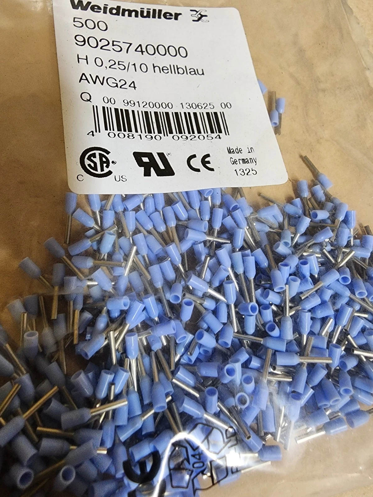 Weidmüller 9025740000 H0,25/10 HBL 0.25mm² Light Blue Insulated Wire End Ferrule New Original 1-year Warranty
