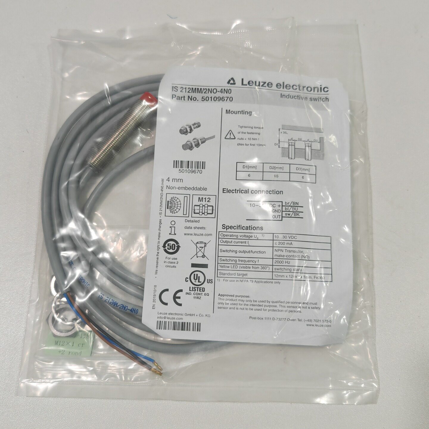Leuze 212MM/2NO-4N0 50109670 M12 Mini Inductive Proximity Sensor 2NO Output Industrial Switch New Original 1-year Warranty Leuze 212MM/2NO-4N0 50109670 M12 Mini Inductive Proximity Sensor 2NO Output Industrial Switch New Original 1-year Warranty