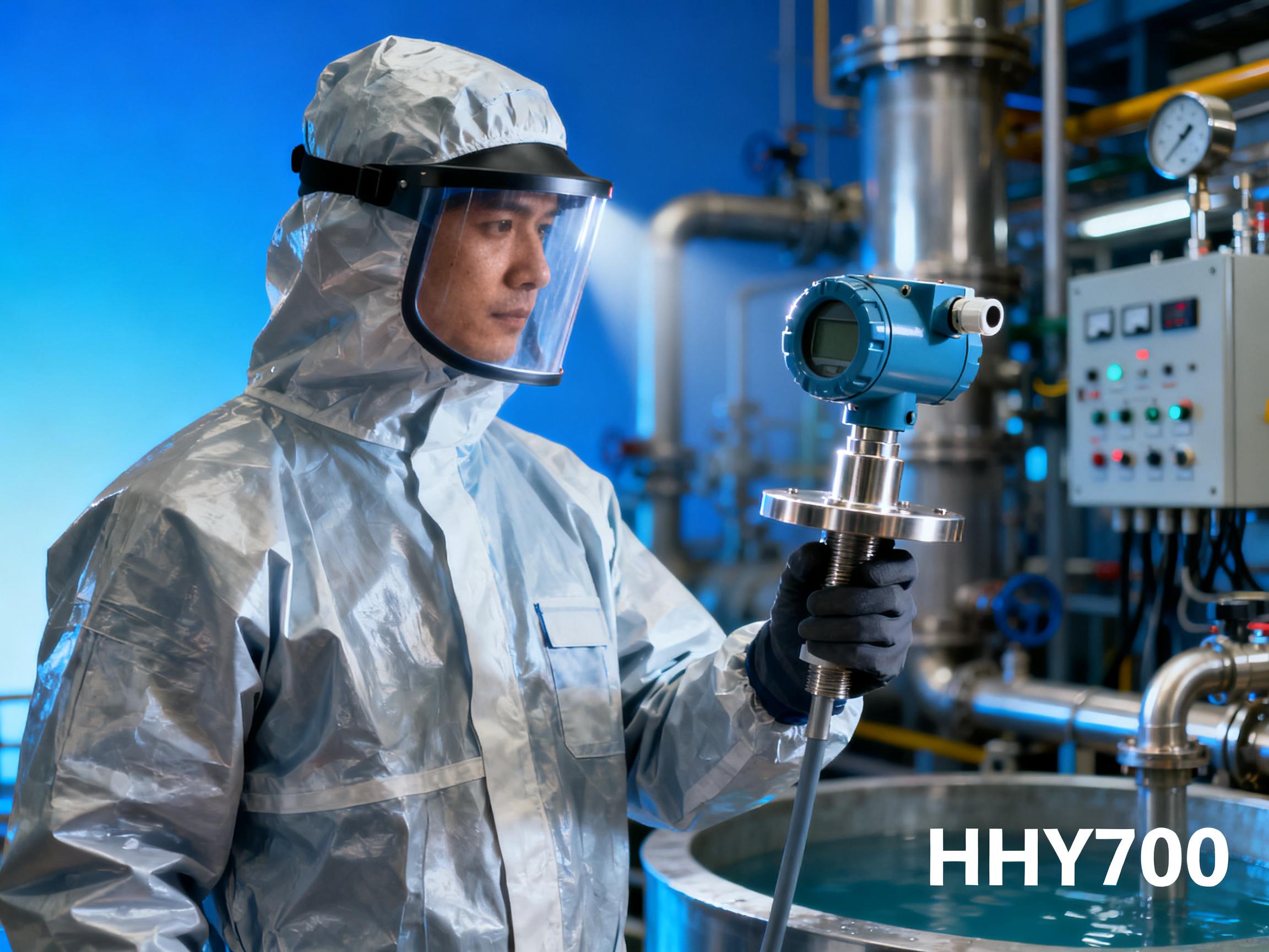 How does the HHY700 anti-corrosion level transmitter solve measurement challenges in strong acid and strong alkali environments?