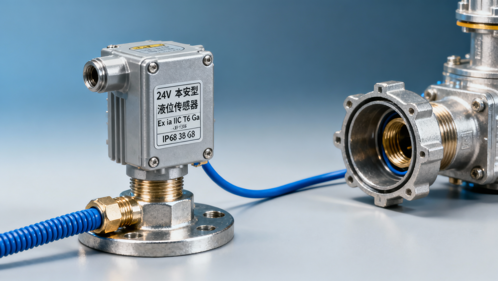 Is the use of a 24V-powered level sensor restricted in hazardous areas?