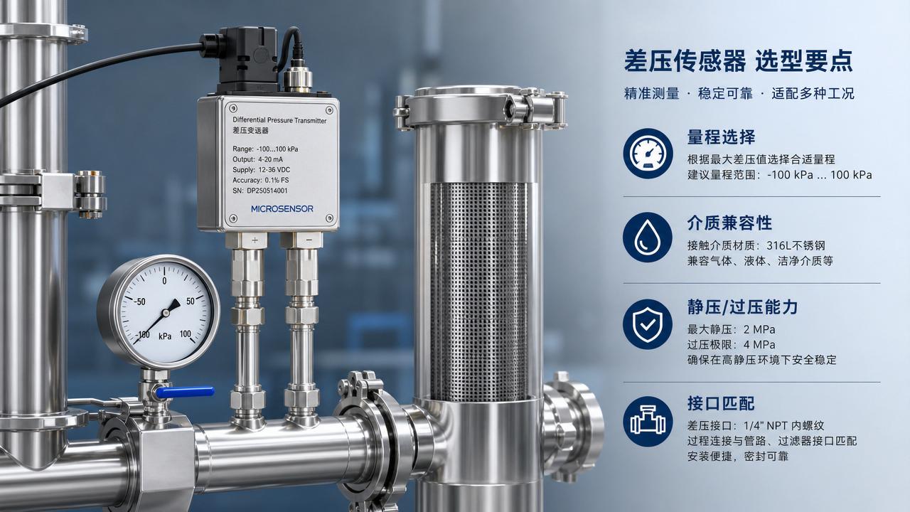 When selecting a differential pressure sensor, which key parameters should be determined first?