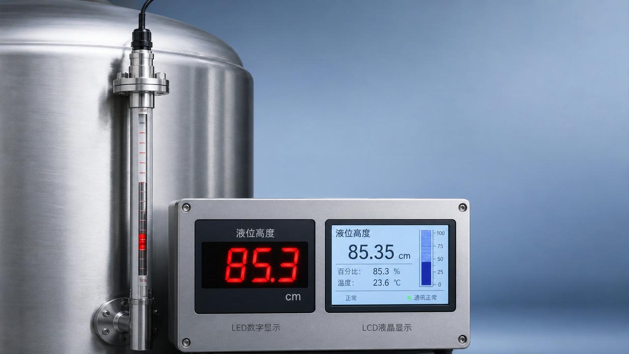What is the difference between LED and LCD level sensors in display method?