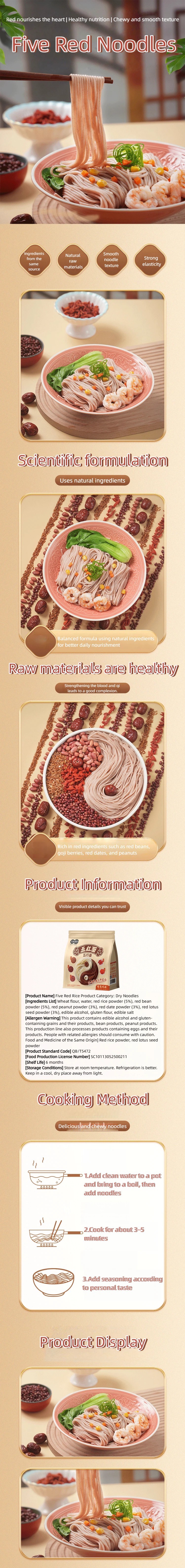 Five Red Multigrain Nutritional Noodles, Two-Tone Spiraled Whole Grain Pasta Made with Red Dates, Red Beans, Red Rice, Goji Berries & Peanuts, Individually Sealed Portions for Breakfast, Main Meals & Light Diet