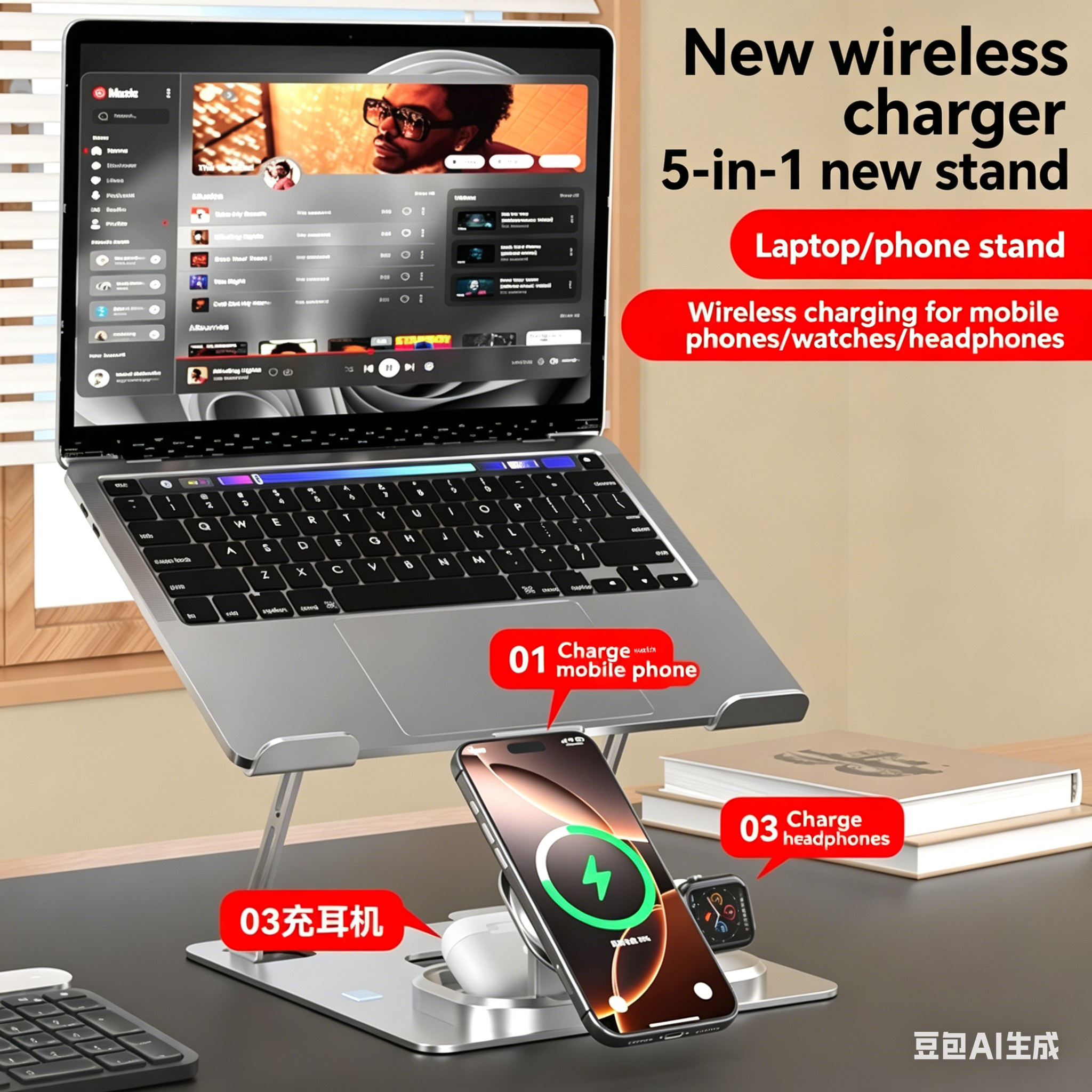 Support d'ordinateur portable à chargement sans fil | Rehausseur ergonomique réglable avec station de chargement multi-appareils
