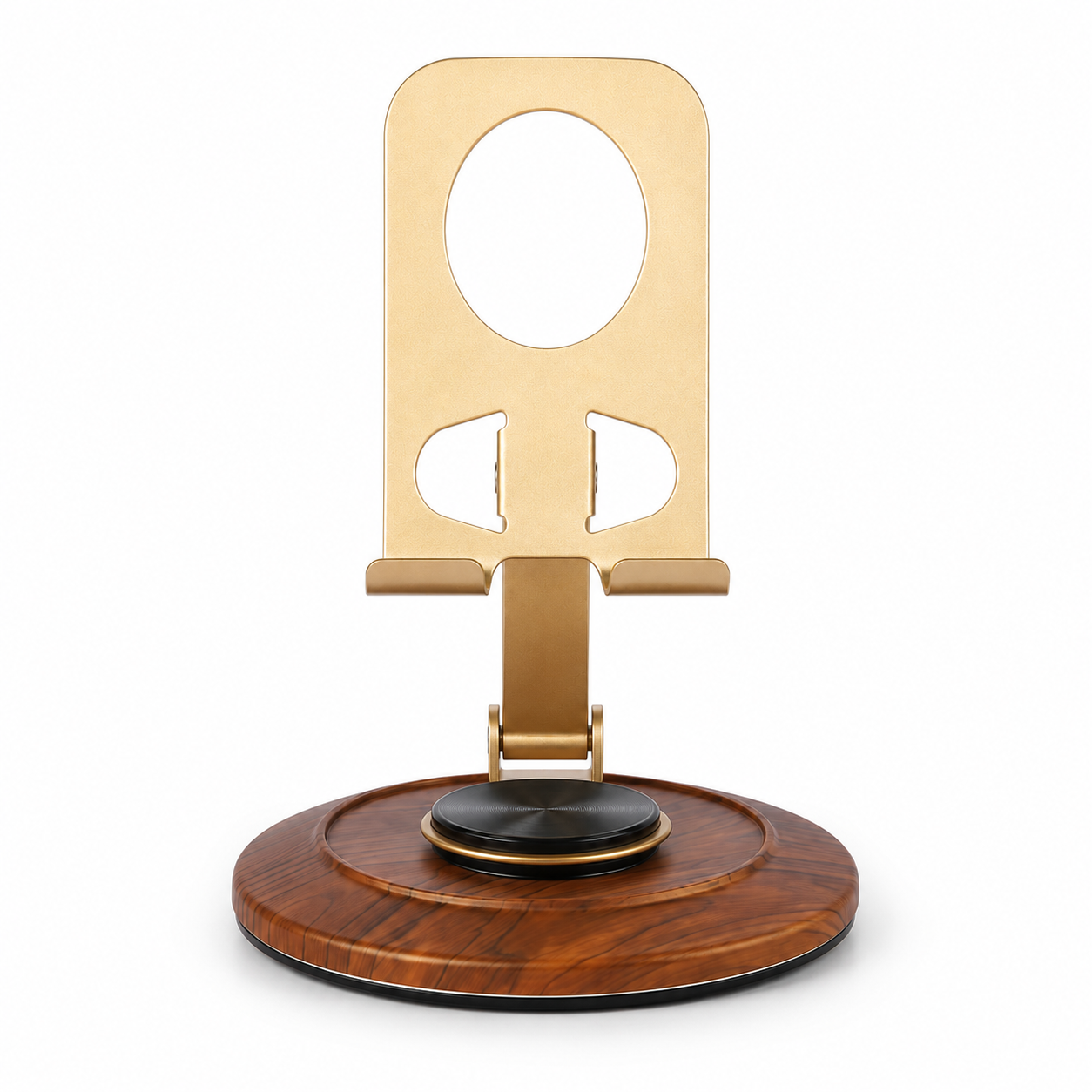 Support de téléphone en métal avec base en bois rotative à 360° | Support de téléphone portable de bureau ajustable et pliable pour smartphone & mini tablette