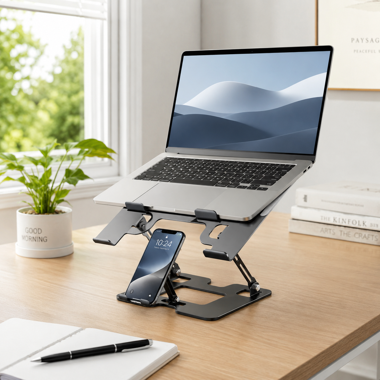 Refroidisseur d'ordinateur portable et support de téléphone 2-en-1 pliable ajustable, support métallique de refroidissement pour bureau
