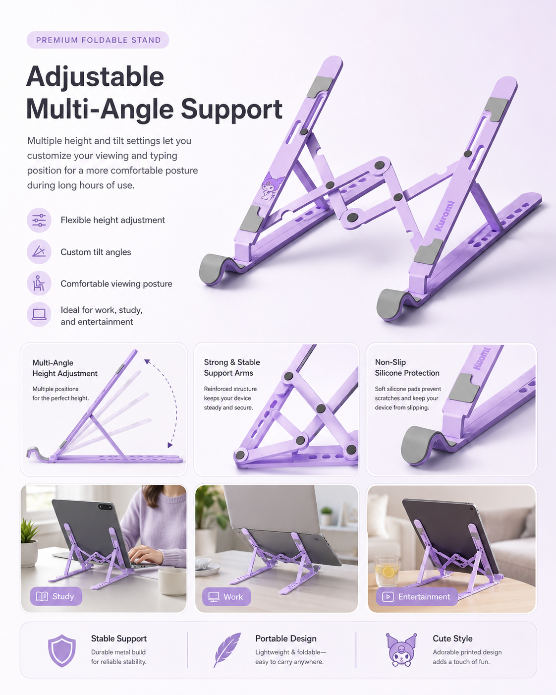e2a5324e-2133-41c1-b2af-42122eb9bc33 Support d'ordinateur portable mignon style dessin animé, support de bureau à hauteur réglable pour dortoir d'étudiants, base flottante verticale