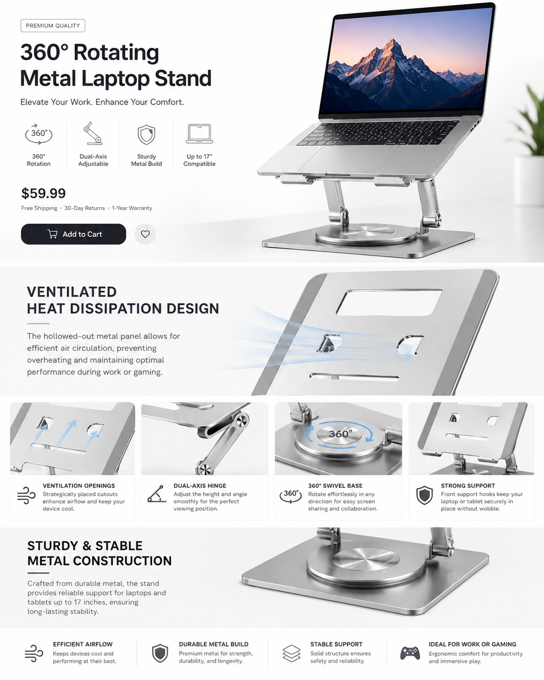 Vente en gros de support pour ordinateur portable en alliage d'aluminium avec refroidissement par ventilateur, pliable, hauteur réglable, adapté à une utilisation sur bureau, au bureau et pour les études