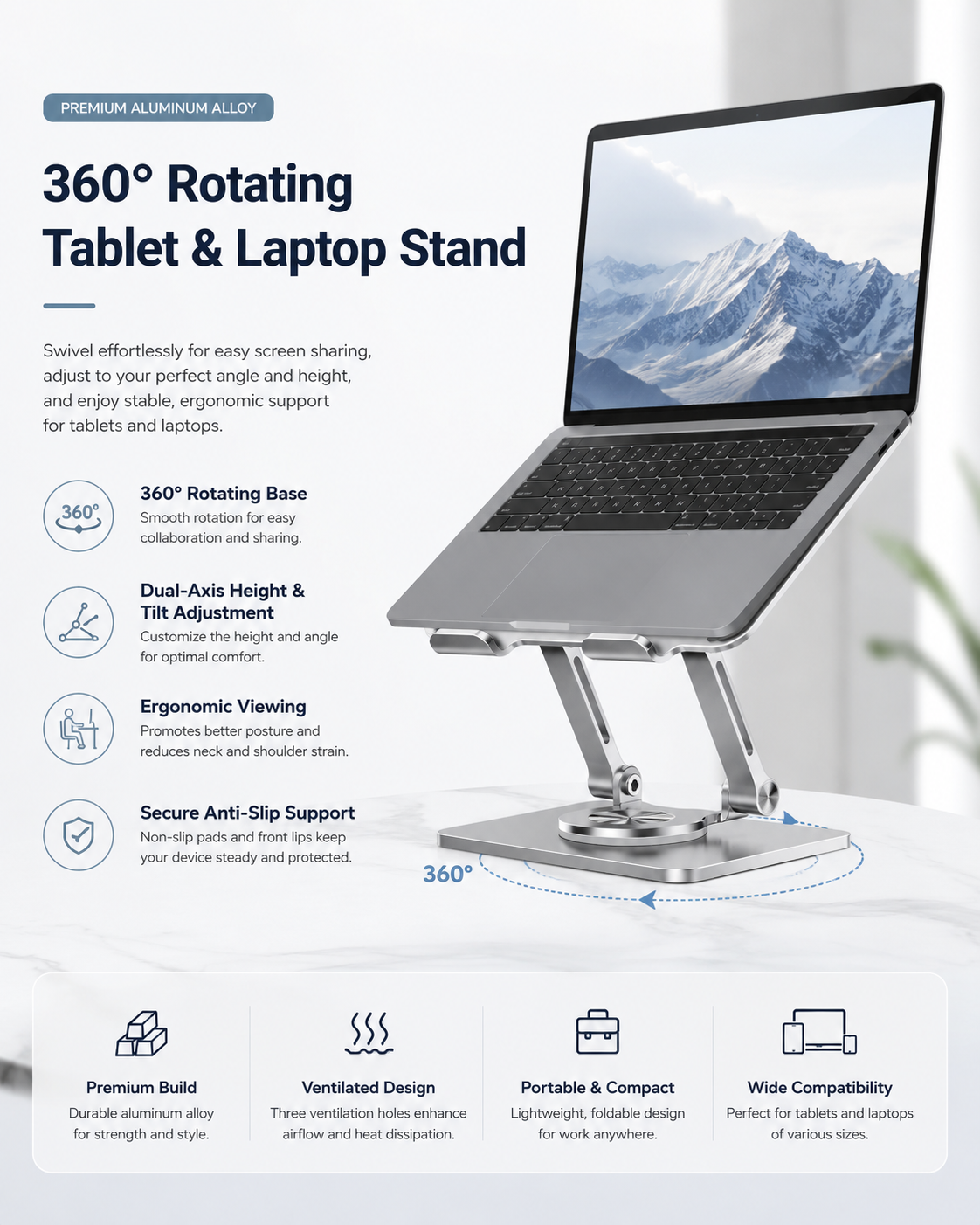 Support plat en alliage d'aluminium, pliage multifonctionnel, rotation à 360-degree, diffusion en direct, visionnage intensif, support rehausseur, transfrontalier
