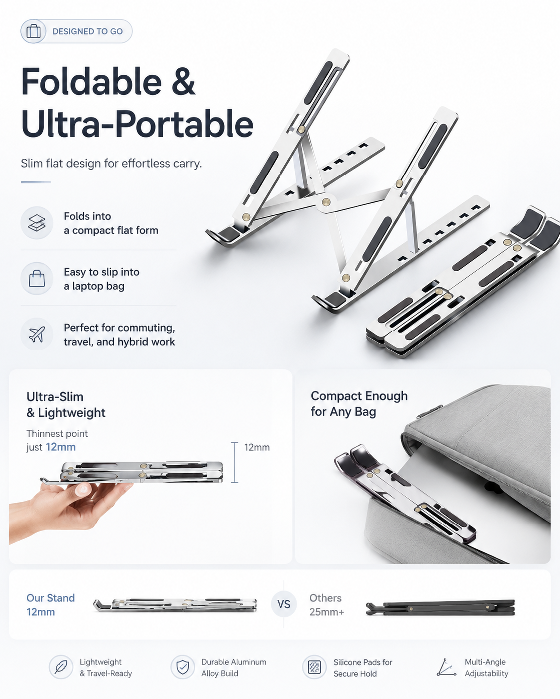 Support pour ordinateur portable pliable réglable en alliage d'aluminium, support pour tablette portable, structure métallique