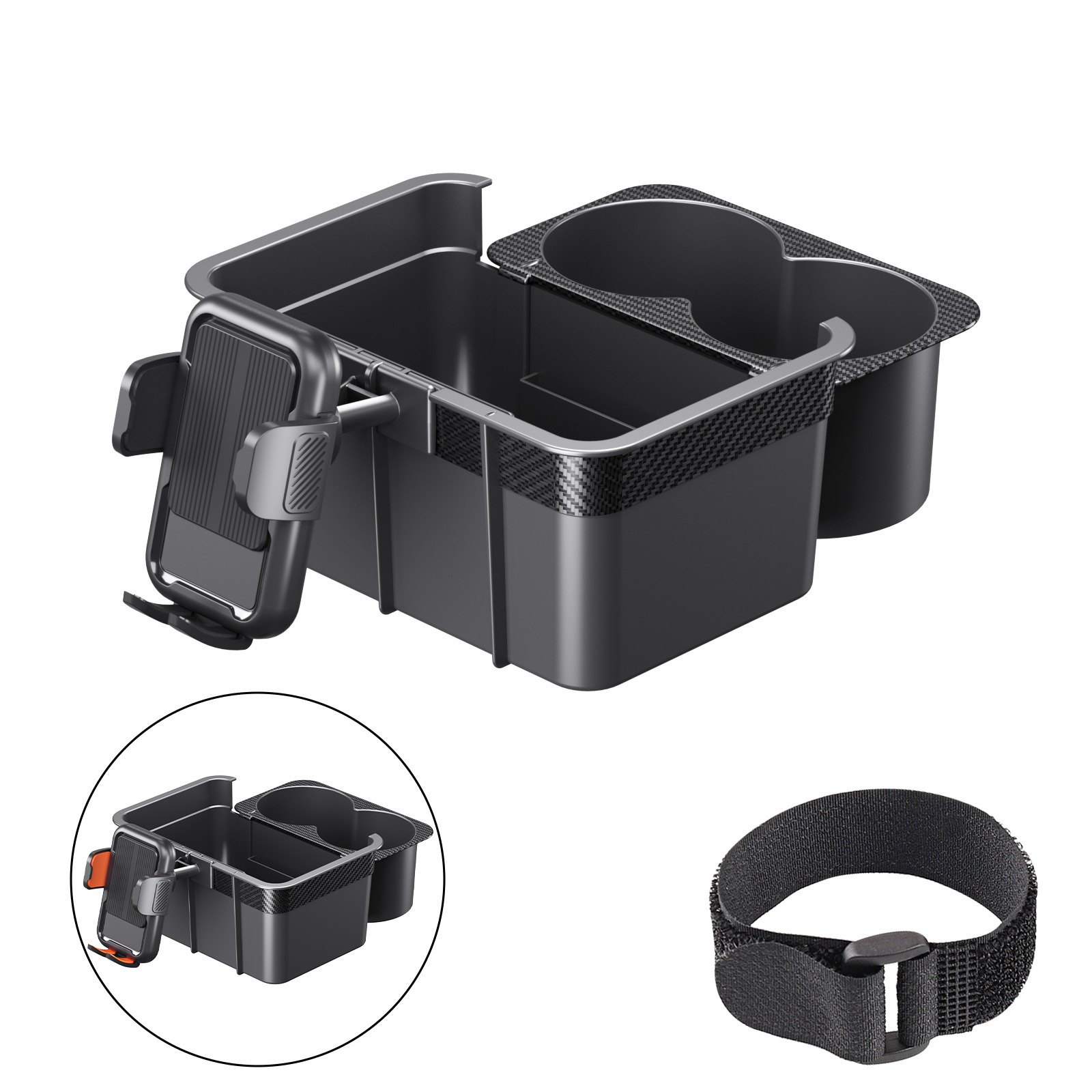 Organisateur d’accoudoir de voiture série F90+TS avec support de téléphone | boîte de rangement multifonction 3-en-1