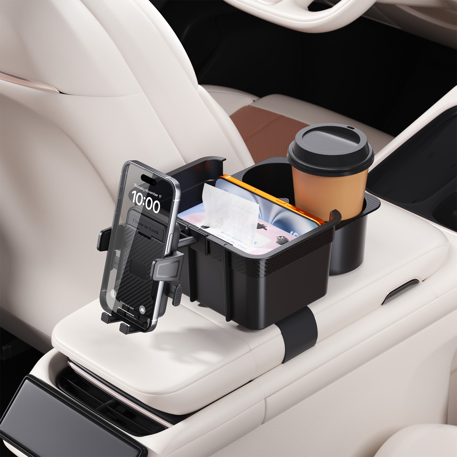 Organisateur d’accoudoir de voiture série F90+TS avec support de téléphone | boîte de rangement multifonction 3-en-1