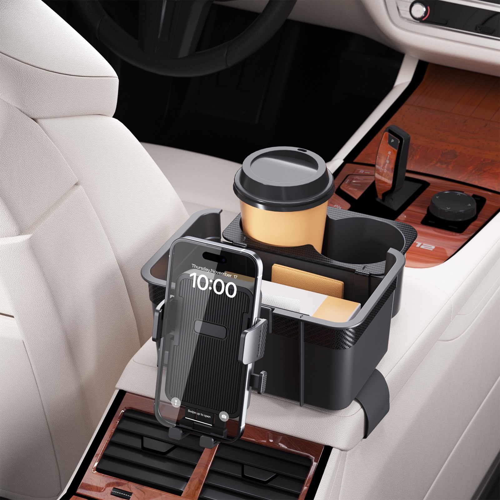 Organisateur d’accoudoir de voiture série F90+TS avec support de téléphone | boîte de rangement multifonction 3-en-1