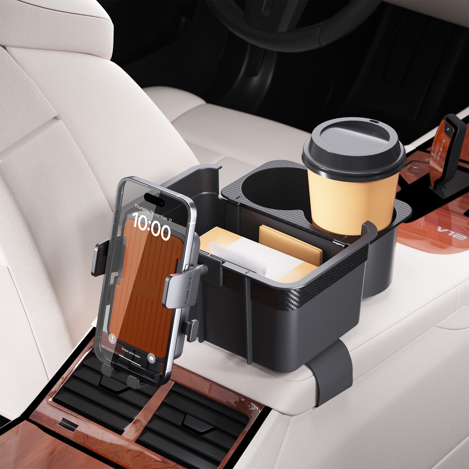 Organisateur d’accoudoir de voiture série F90+TS avec support de téléphone | boîte de rangement multifonction 3-en-1