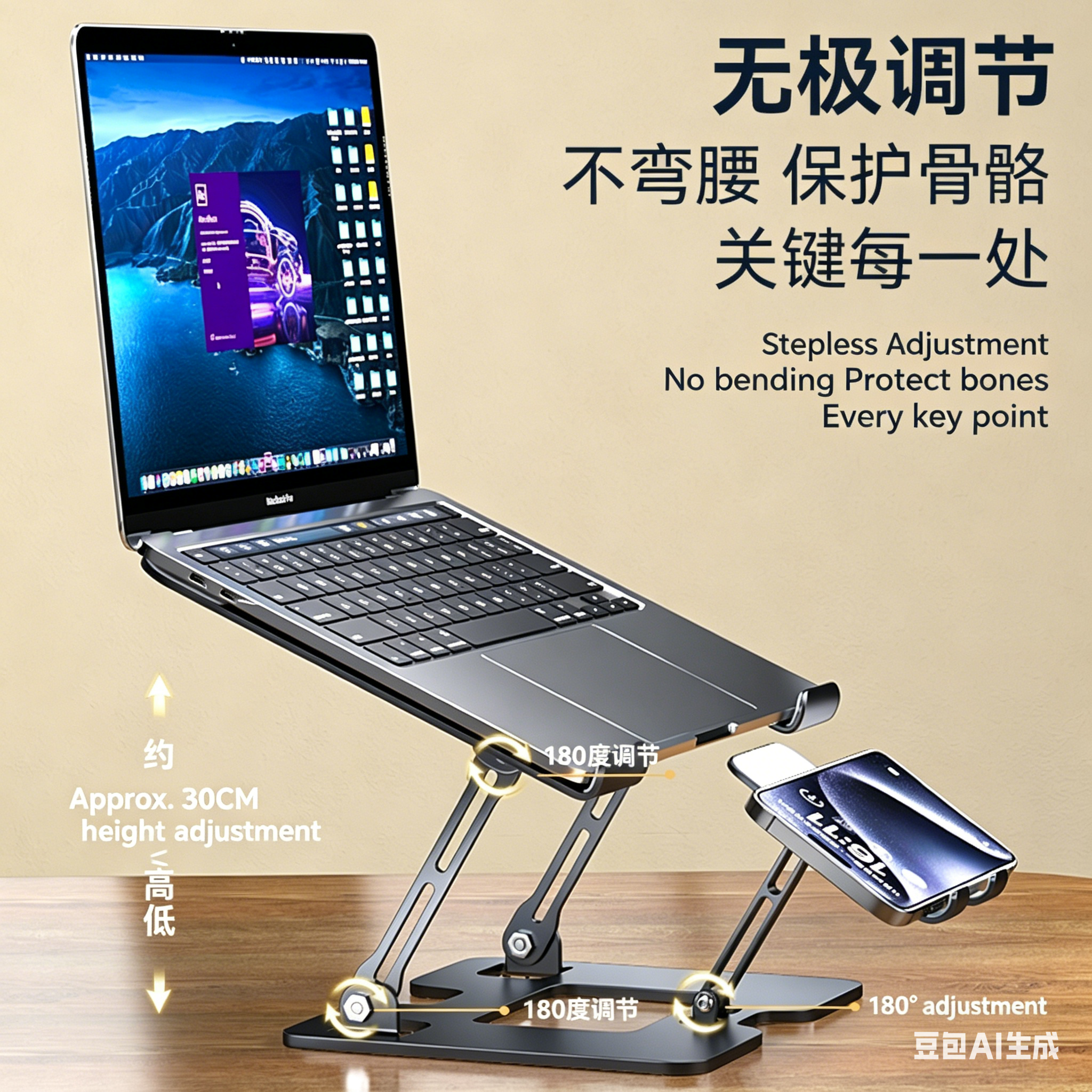 Suporte Ergonômico Ajustável para Laptop com Suporte para Telefone | Elevador de Mesa Durável para Trabalho & Escritório