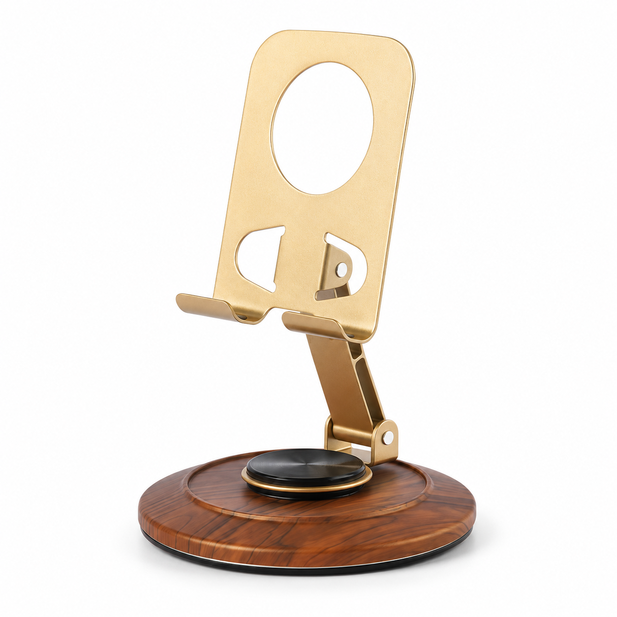 Suporte de Telefone de Metal com Base de Madeira Rotativa 360° | Suporte de Mesa Ajustável e Dobrável para Celular para Smartphone & Mini Tablet