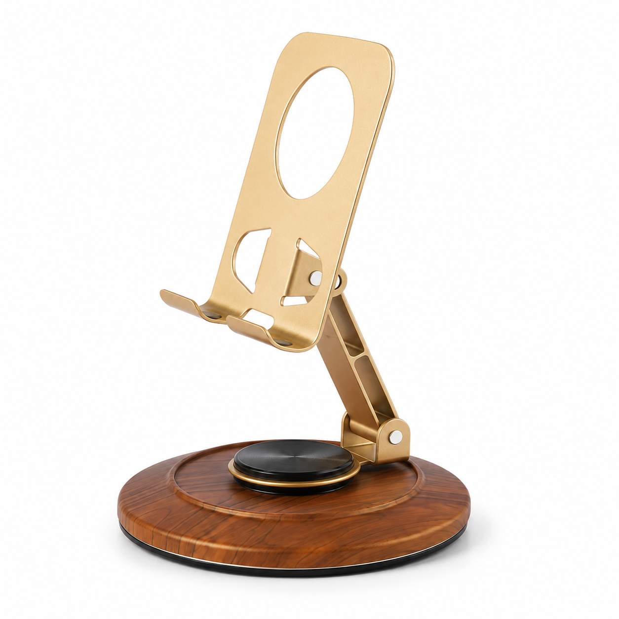 Suporte de Telefone de Metal com Base de Madeira Rotativa 360° | Suporte de Mesa Ajustável e Dobrável para Celular para Smartphone & Mini Tablet