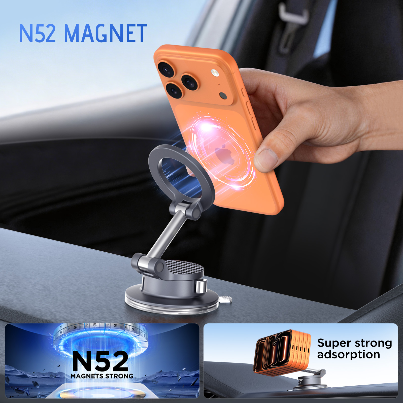 Soporte magnético de teléfono para automóvil con vacío, soporte con ventosa biónica de imán N52, soporte plegable giratorio de 360° para iPhone 12-17 Series y todos los teléfonos