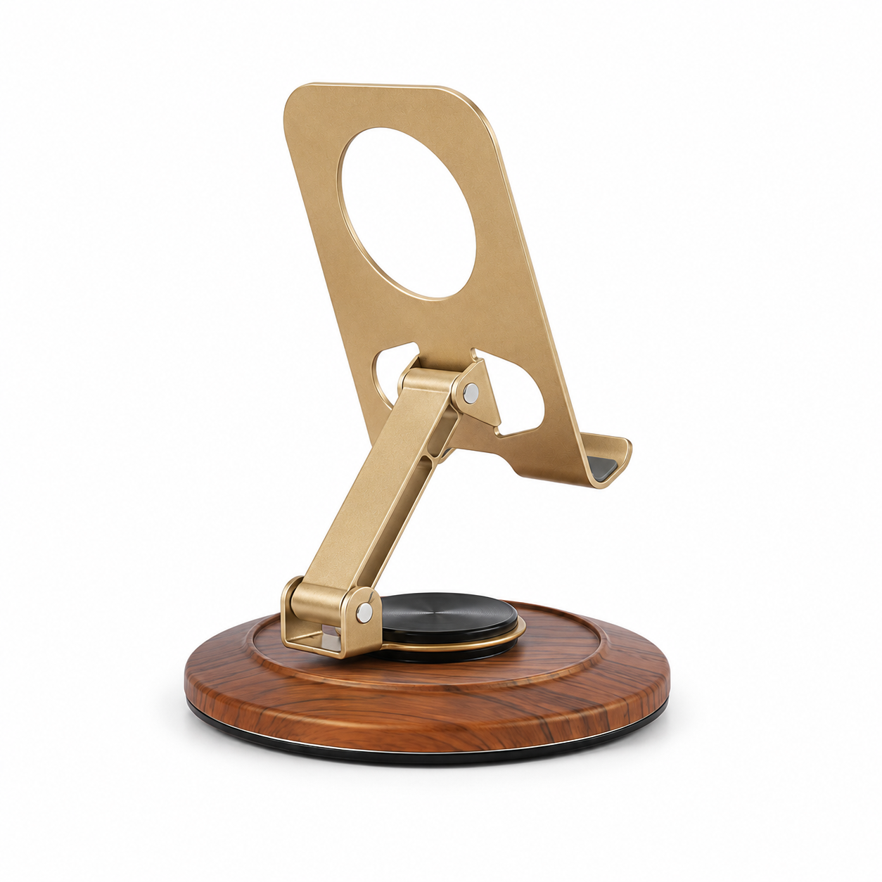 Soporte Metálico para Teléfono con Base de Madera Giratoria 360° | Soporte de Escritorio Ajustable y Plegable para Teléfono Móvil para Smartphone y Mini Tablet