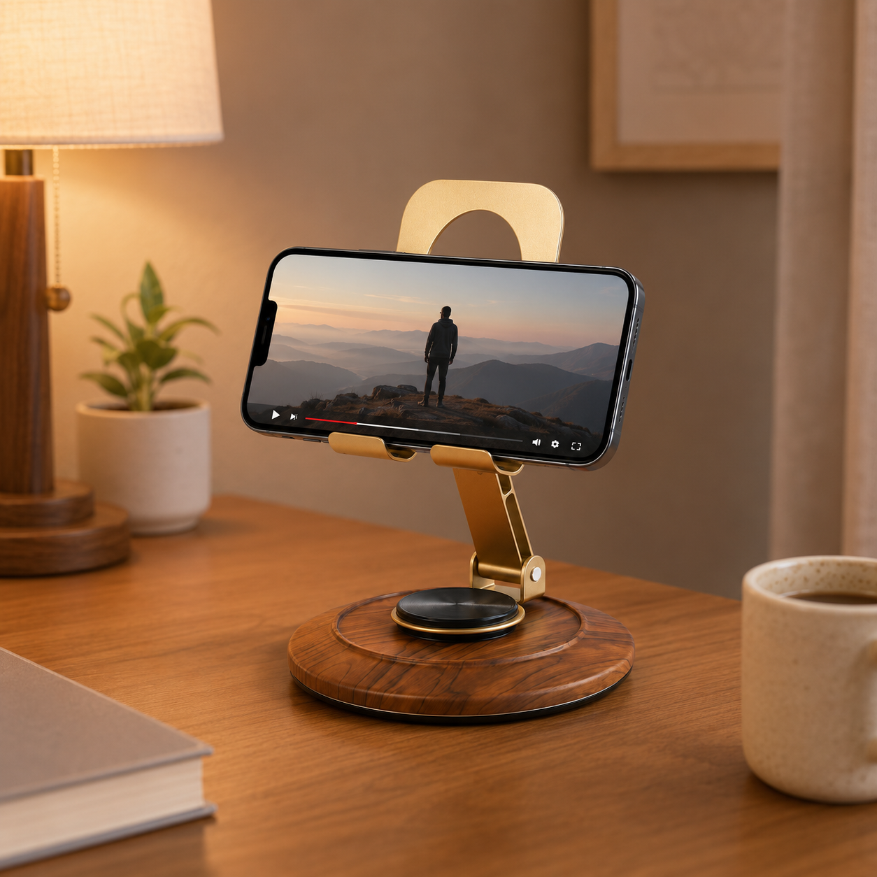 Soporte Metálico para Teléfono con Base de Madera Giratoria 360° | Soporte de Escritorio Ajustable y Plegable para Teléfono Móvil para Smartphone y Mini Tablet