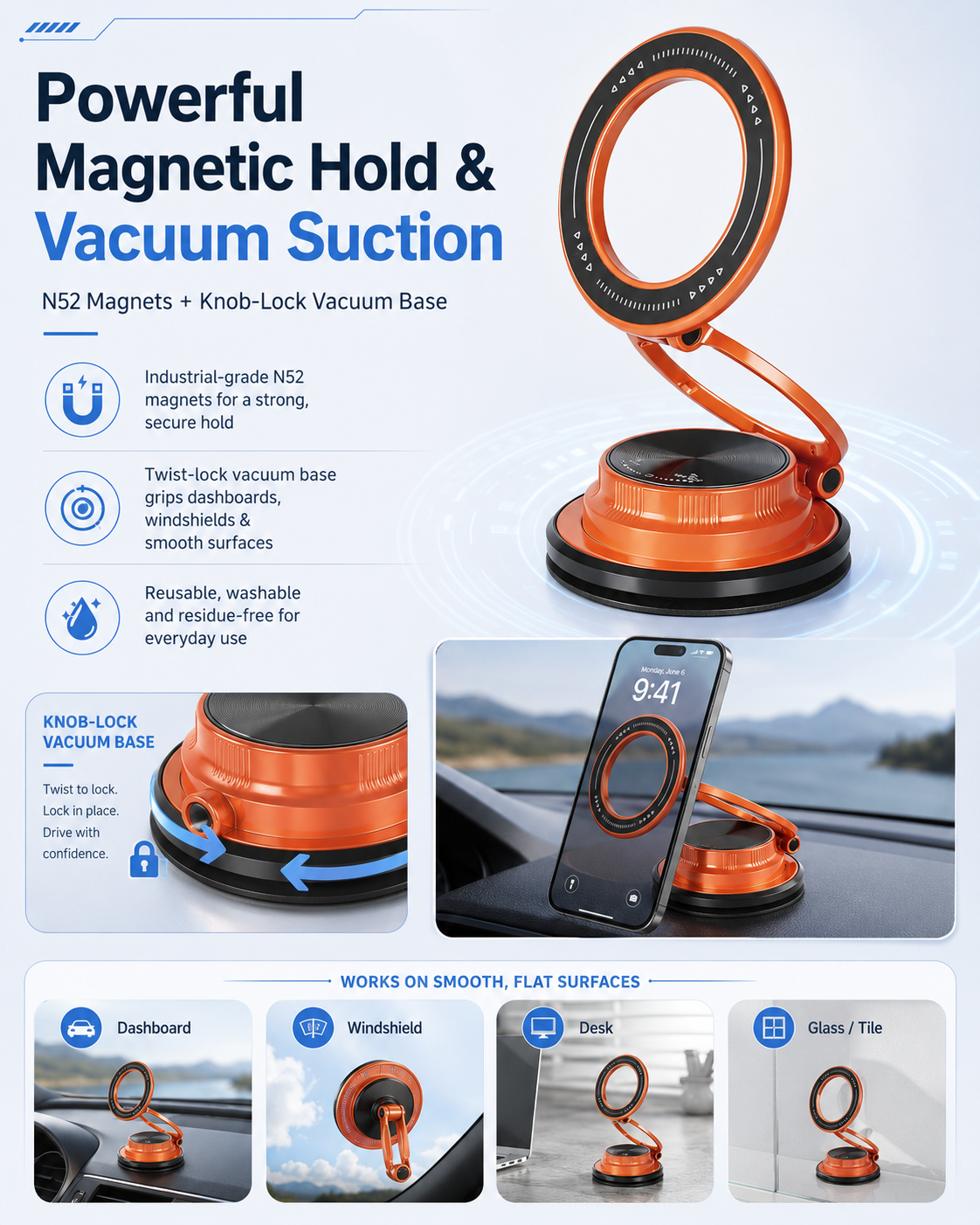 90d52b52-8897-402e-9062-58c0be51dd5a GOHOND Soporte magnético para teléfono de coche con ventosa de vacío plegable con rotación de 360° para navegación y conducción GPS Soporte de vacío para teléfono