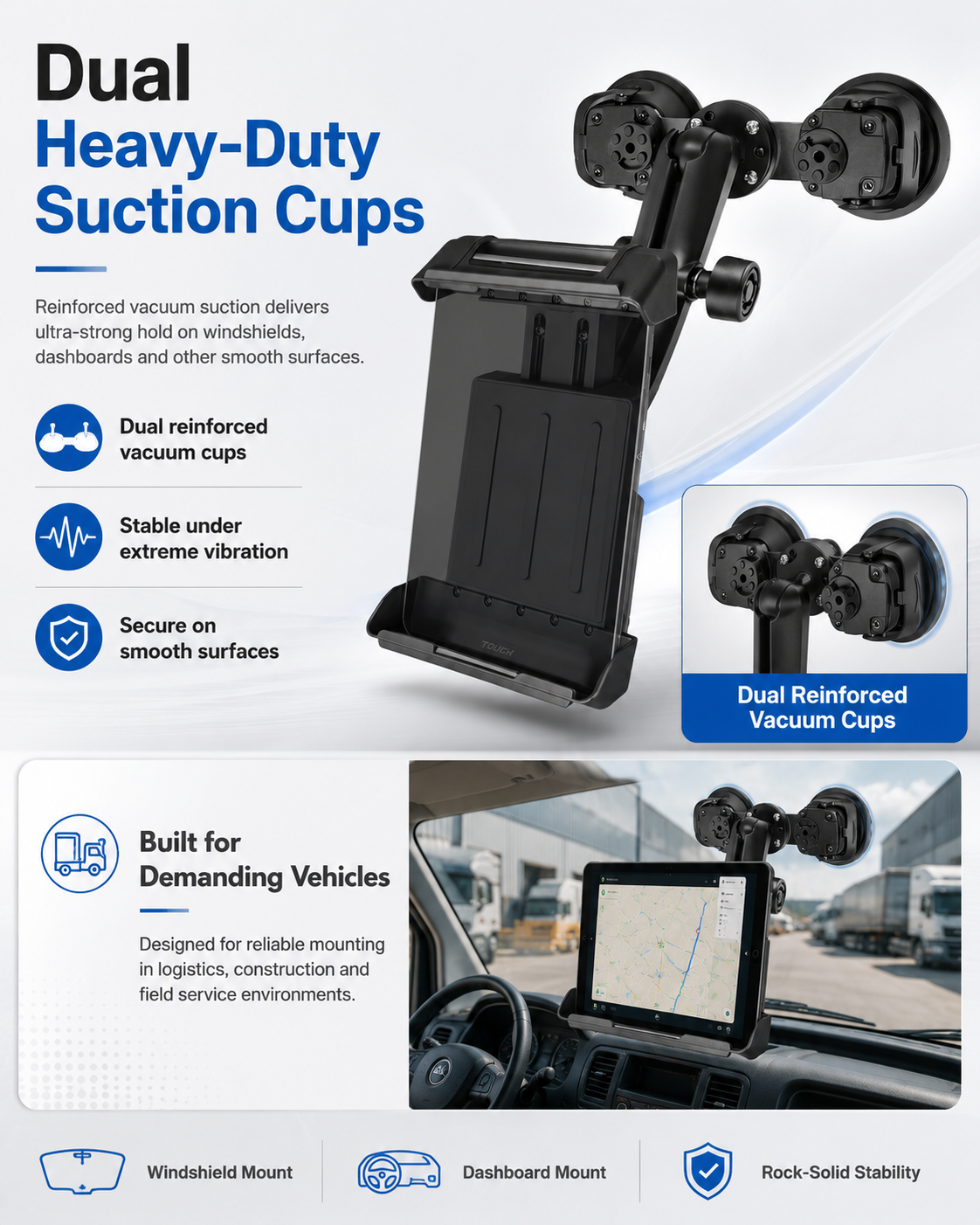 cfefb342-137a-4b92-9517-2ddacae392f8 Soporte de tableta industrial resistente para iPad Samsung, adecuado para coches y camiones, soporte de tableta con montaje VESA Ram