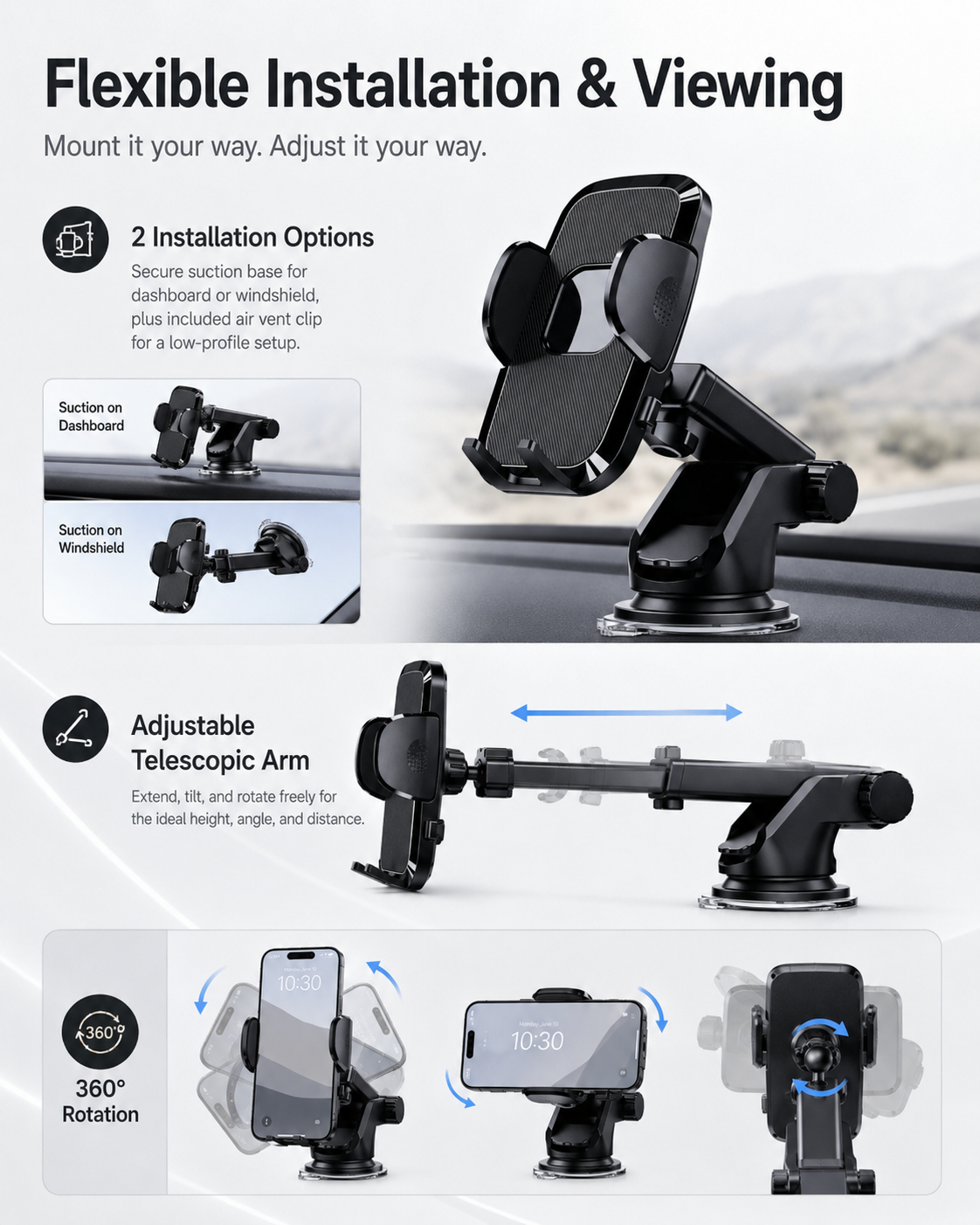 Soporte para teléfono de coche 2-en-1 Gravity | Soporte universal con ventosa y rejilla de ventilación