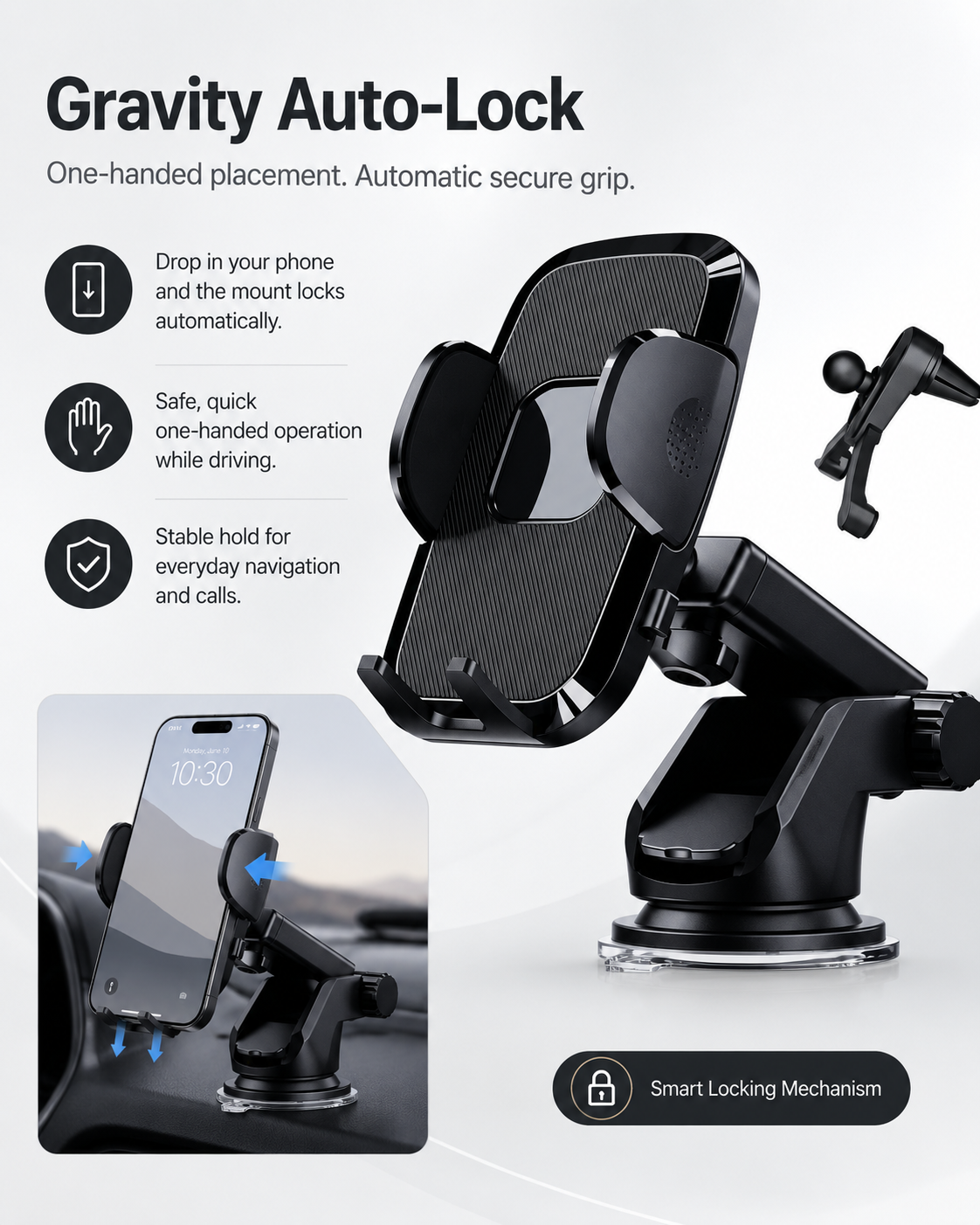 Soporte para teléfono de coche 2-en-1 Gravity | Soporte universal con ventosa y rejilla de ventilación