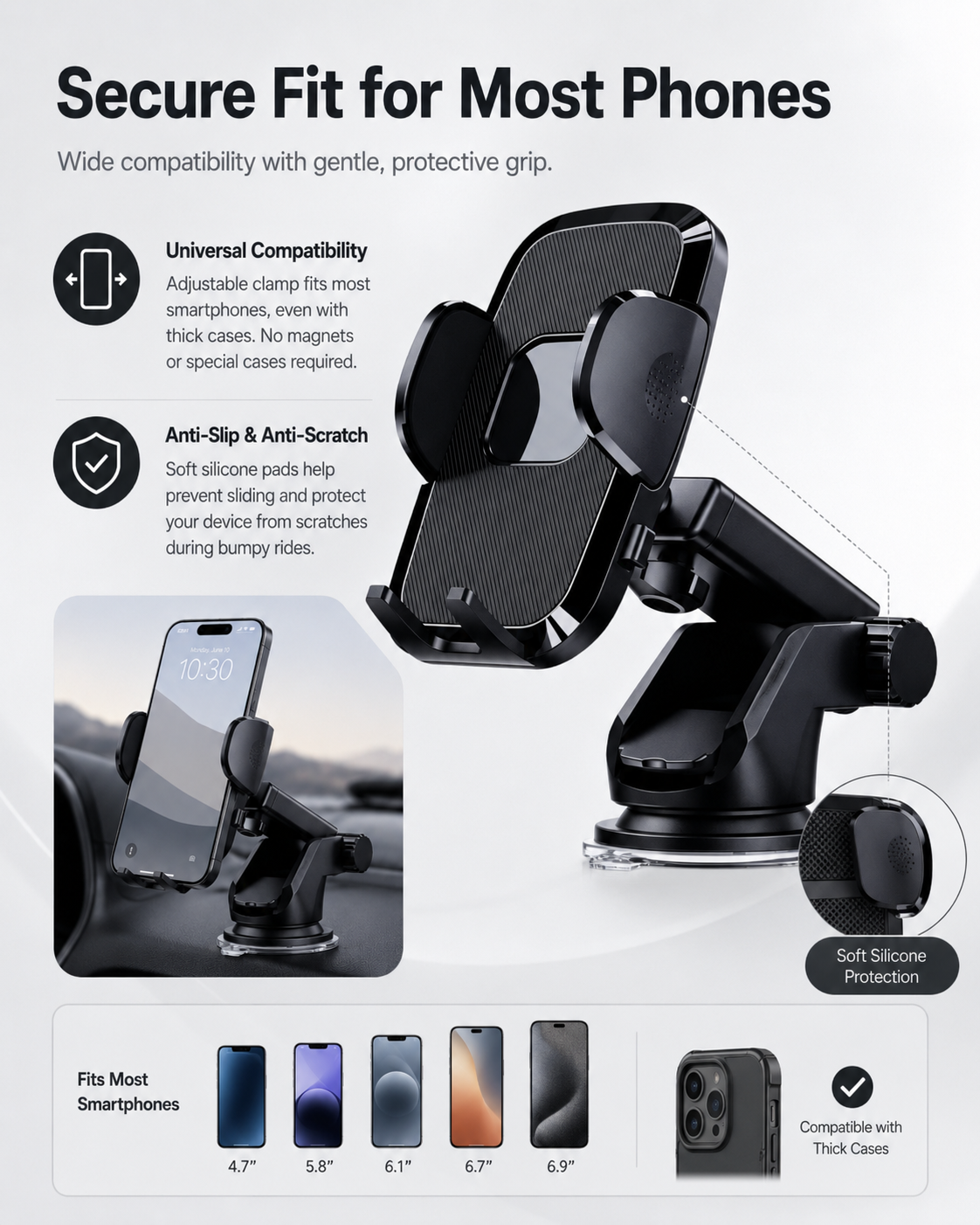 Soporte para teléfono de coche 2-en-1 Gravity | Soporte universal con ventosa y rejilla de ventilación
