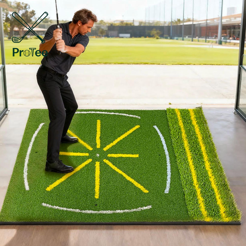 Professional Dual Turf Golf Practice Mat Golf Hitting Swing Path Mat with Standing Guide Line for Indoor Outdoor Golf Training