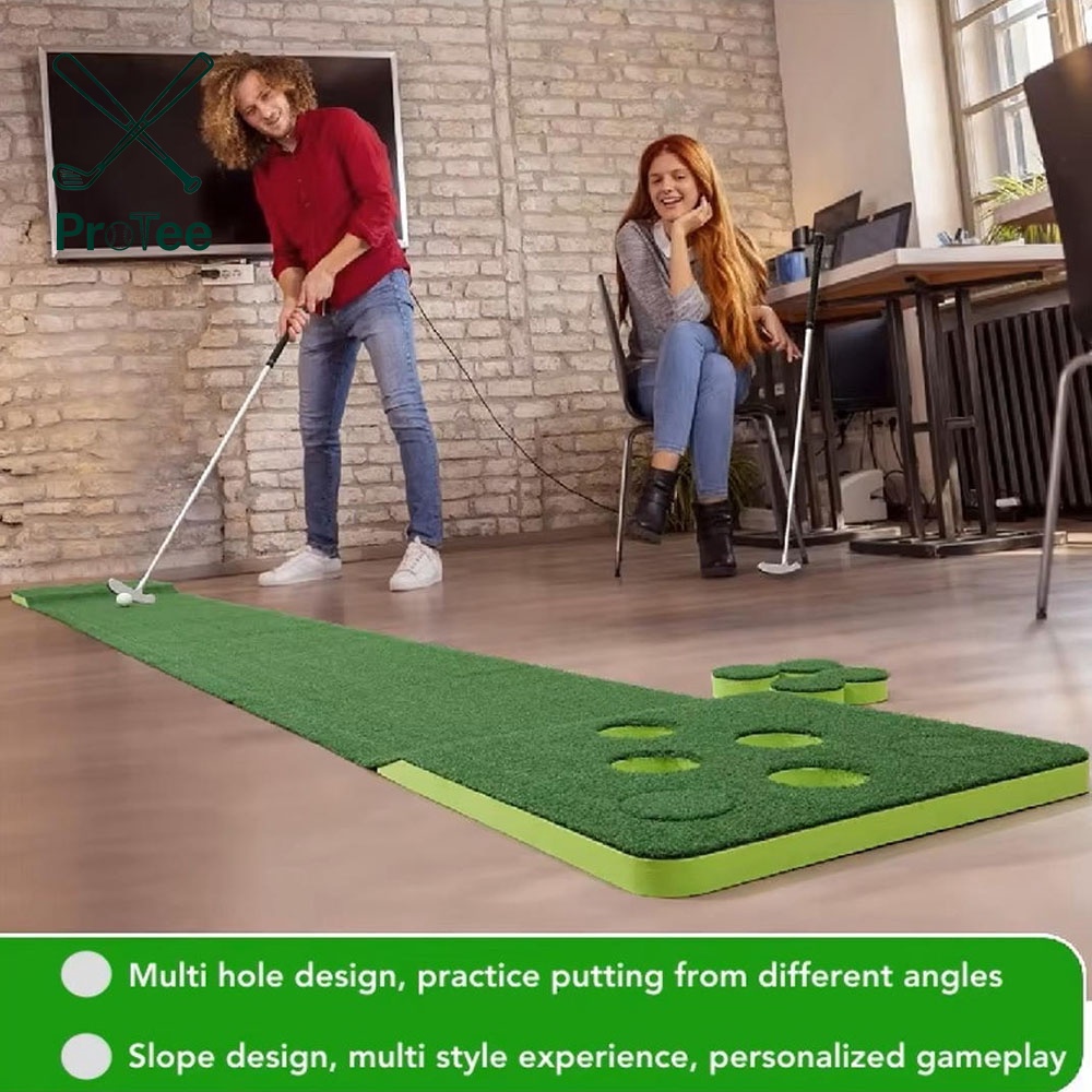Golf Putting Game Set With Putters and Hole Covers Backyard Putting Green Golf Mat with Artificial Turf Surface