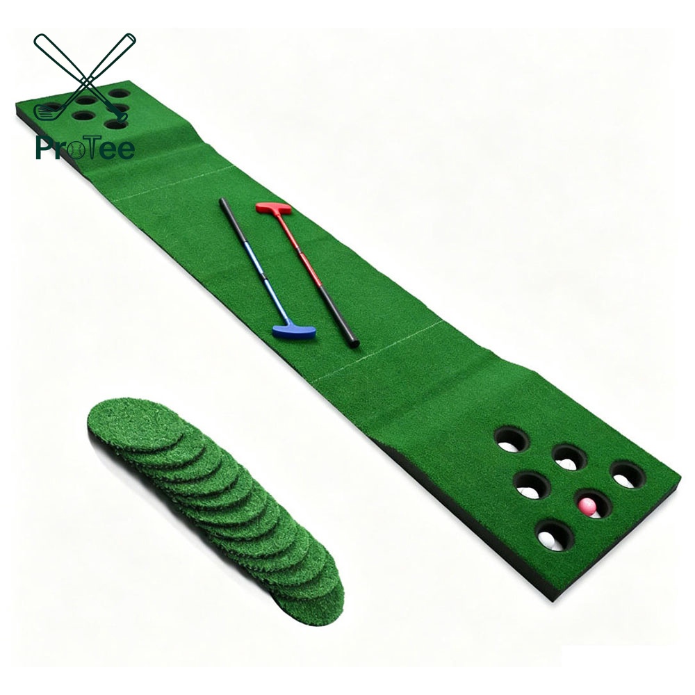 Golf Putting Game Set With Putters and Hole Covers Backyard Putting Green Golf Mat with Artificial Turf Surface