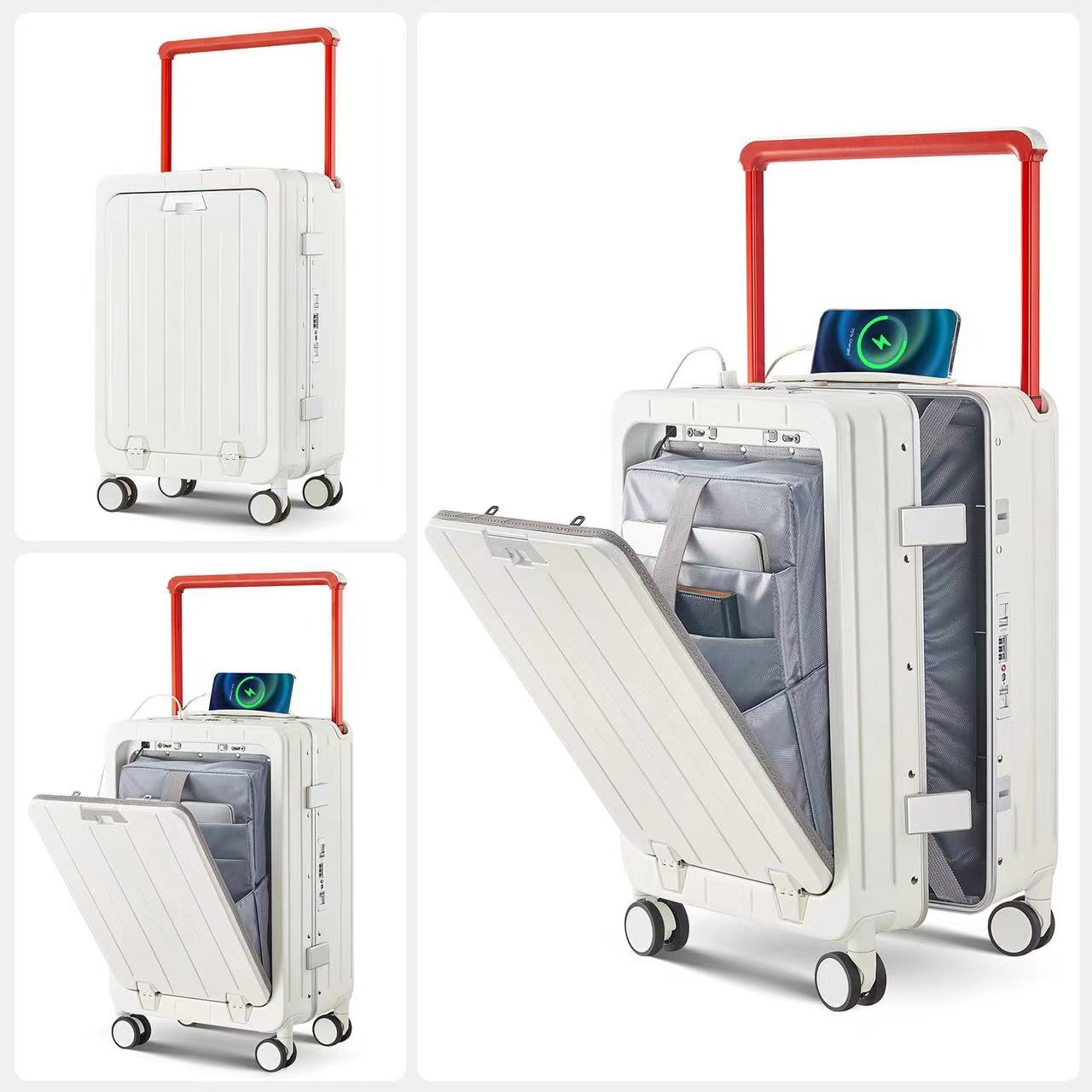 Unisex 20inch Luggage USB Charge Wide Trolley case Fashionable Business 100% PC Spinner Luggage Front Opening