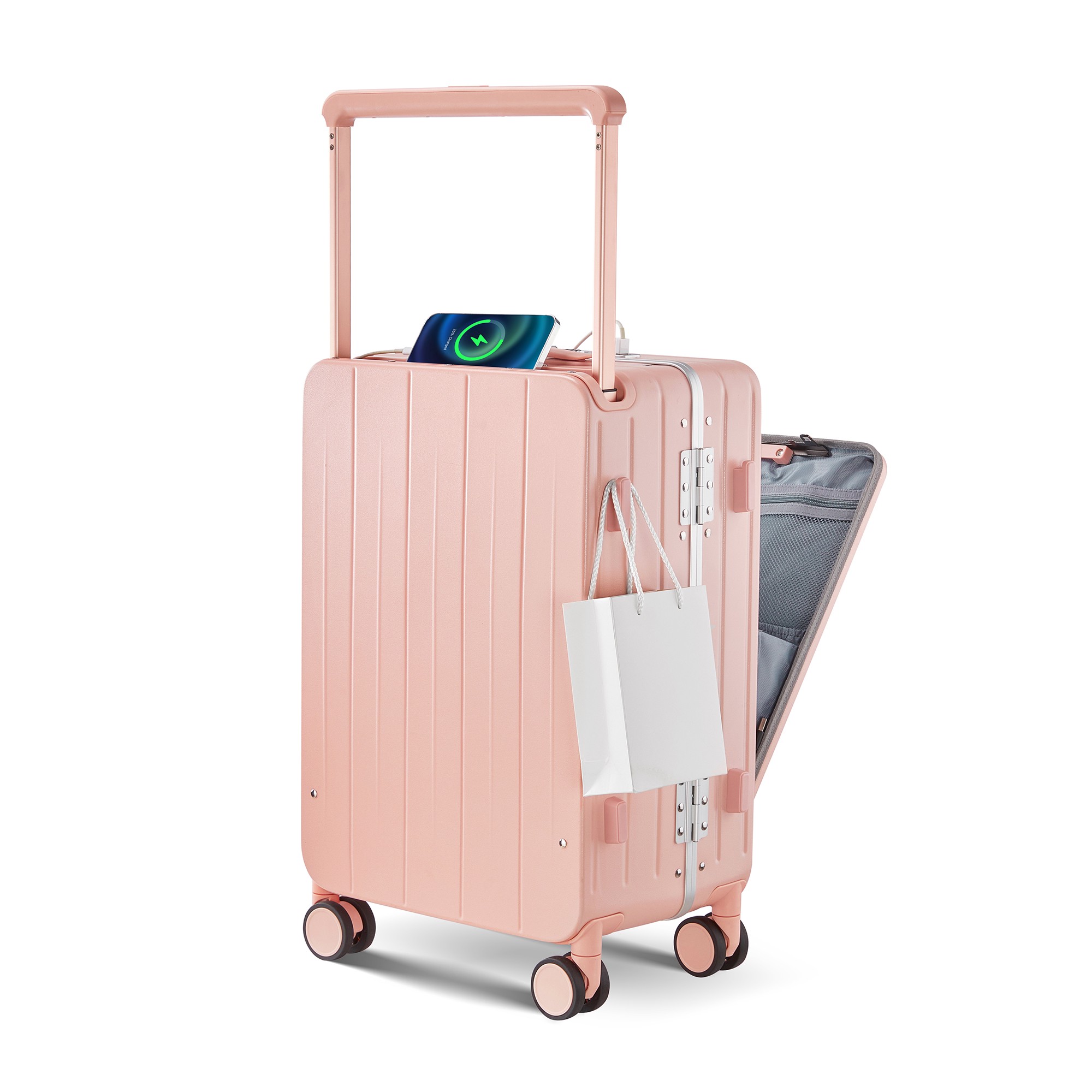 Unisex 20inch Luggage USB Charge Wide Trolley case Fashionable Business 100% PC Spinner Luggage Front Opening