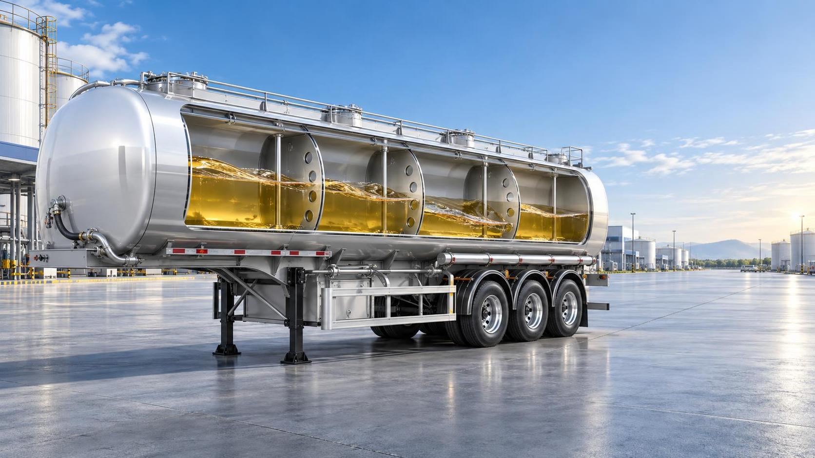 Como o design de defletores melhora a estabilidade em um tanque de combustível tipo pescoço de ganso de 3 eixos e 60000L