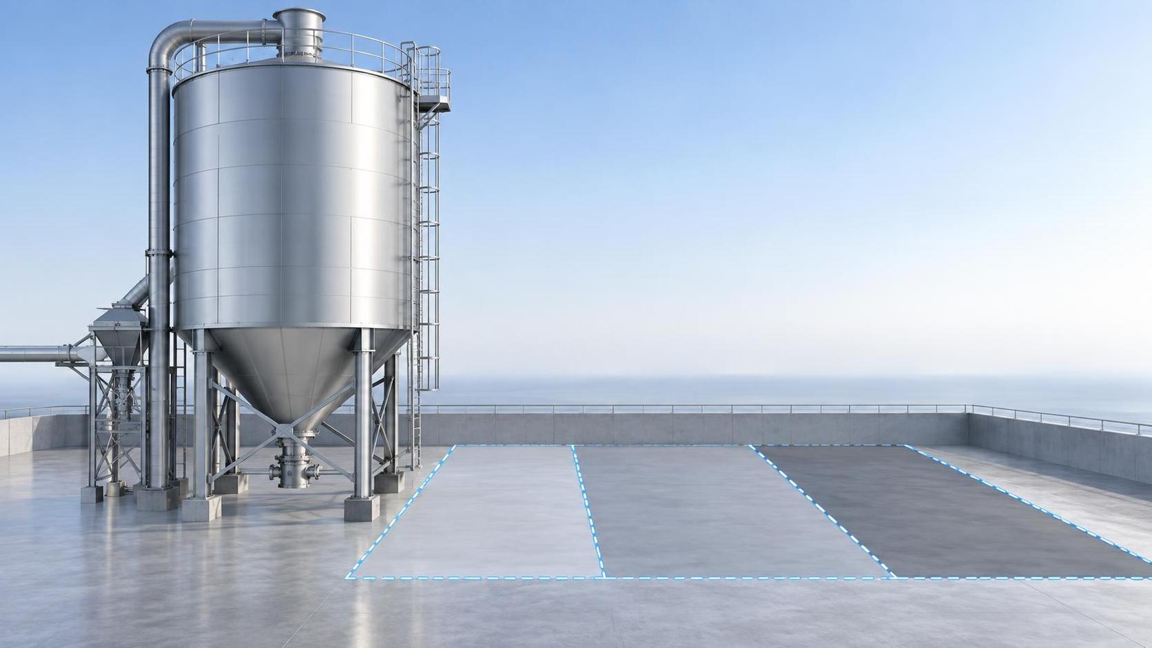 How much space does a 50-ton dry bulk silo require including access and maintenance clearance?