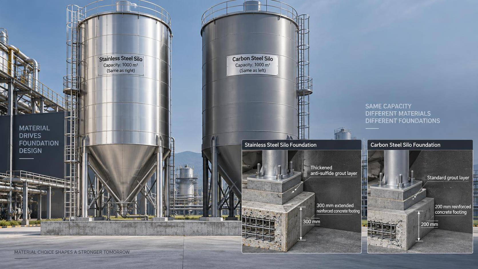 Is foundation design different for stainless steel silos versus carbon steel silos of equal capacity?