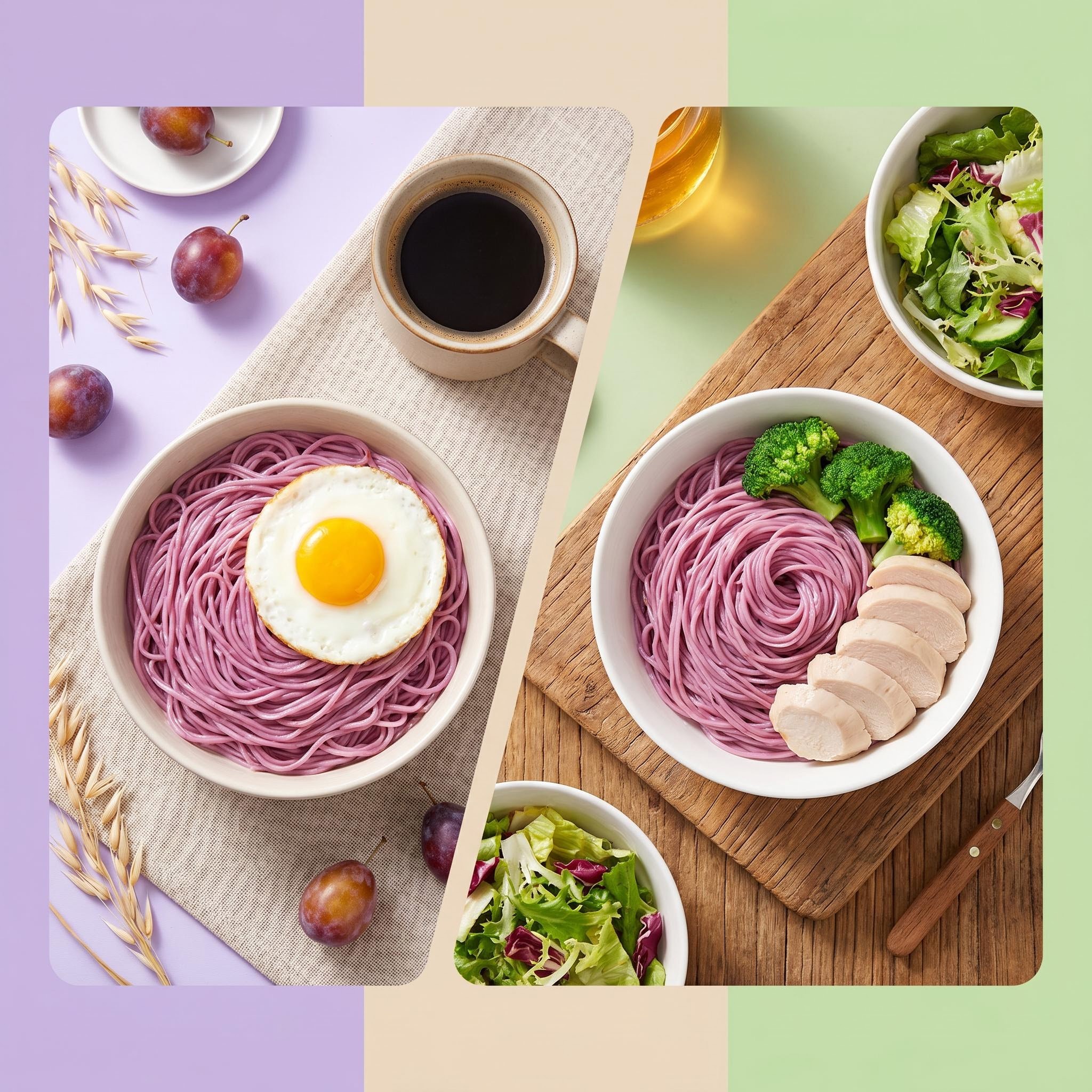 プルーン紫芋低脂肪乾麺, 食塩無添加, 高食物繊維, もちもちなめらかでスープが濁らない, 400g