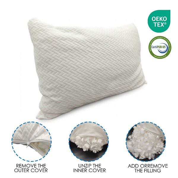 Adjustable Shredded Memory Foam Pillow with Extra Refill Ergonomic Neck Support Pillow Packaging Set for Wholesale