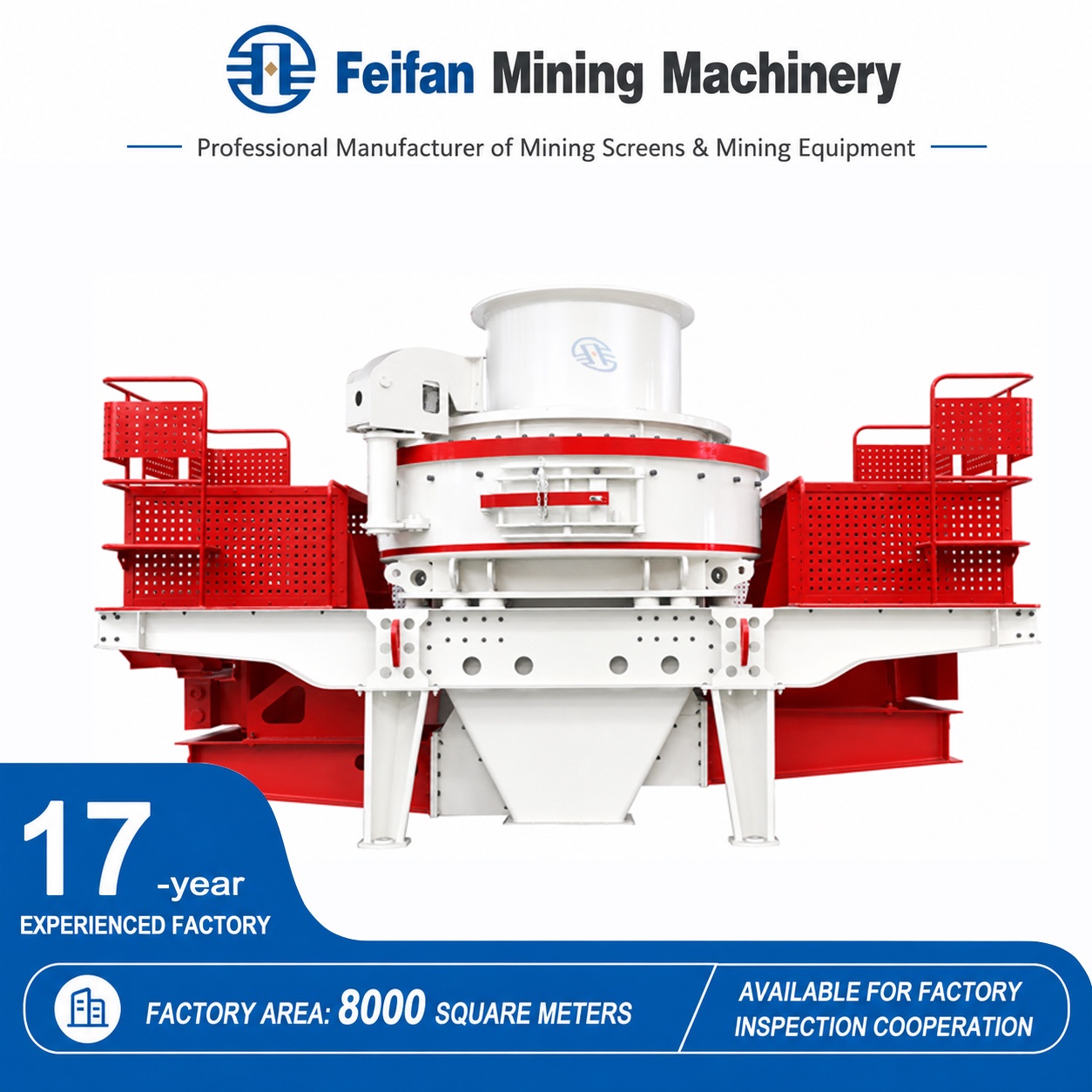 Concasseur VSI FEIFAN VSI-8000 pour traitement spécial des résidus miniers avec deux modes de roche et alimentation maximale 45mm pour la production de sable et de granulats